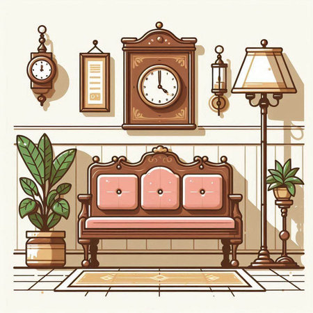 Retro interior with furniture and clock. Vector illustration in flat styleのイラスト素材