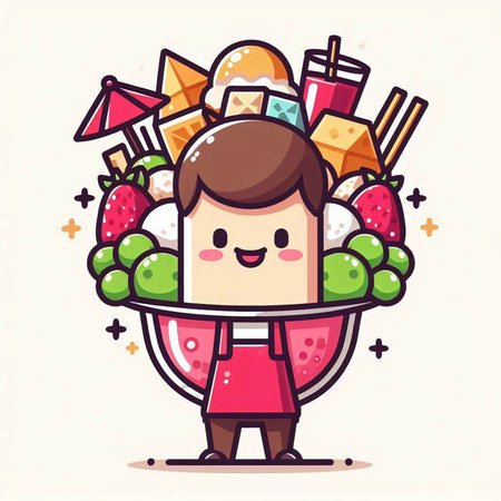 Cartoon vector illustration of cute boy holding a plate full of fruit.のイラスト素材