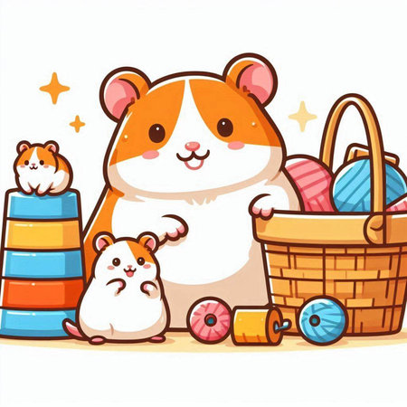 Hamster and hamster in the basket. Cartoon vector illustration.のイラスト素材