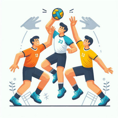 Volleyball players in action. Flat style vector illustration isolated on white background.のイラスト素材
