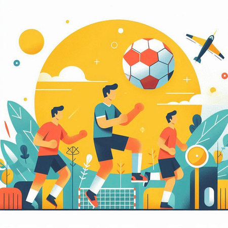 Soccer players playing soccer match on the field. Flat style vector illustration.のイラスト素材