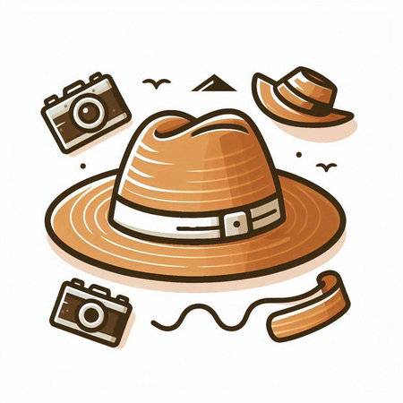 Illustration of hat and camera on white background. Vector illustration.のイラスト素材