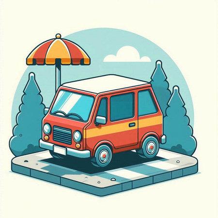 Retro van on the road. Vector illustration in retro style.のイラスト素材