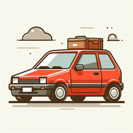 Vector illustration of a red car with luggage on the roof. Flat design.のイラスト素材