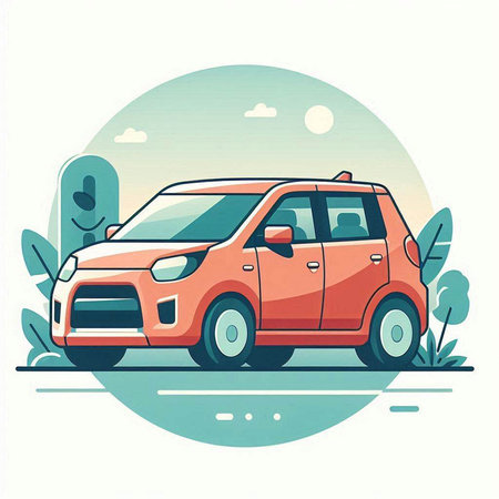 Vector illustration of a car on the background of nature. Flat style.のイラスト素材