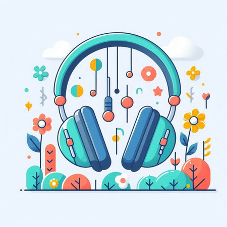 Vector illustration of headphones and flowers in flat style. Music concept.のイラスト素材
