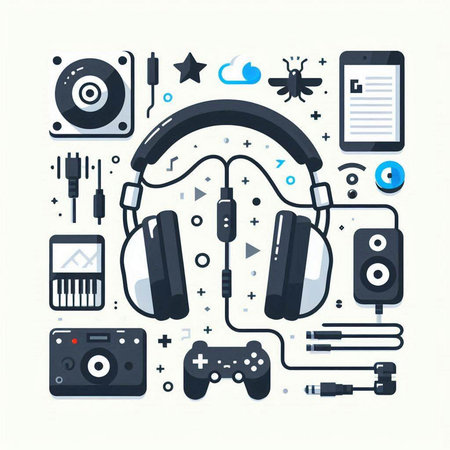 Vector illustration with headphones, gamepad, mouse, microphone, video game controller, music player, headphones. Flat style design.のイラスト素材