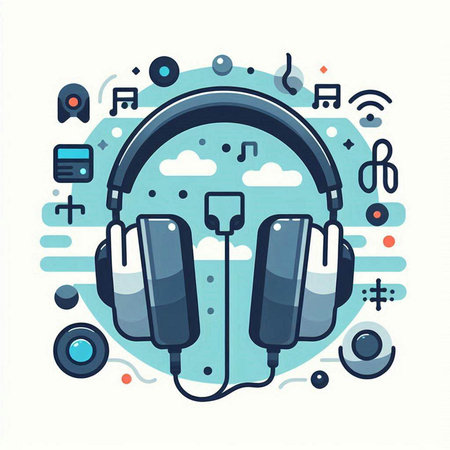 Headphones and music icons. Vector illustration in flat linear style.のイラスト素材