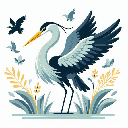 Heron with flying wings and flowers. Vector illustration in flat style.のイラスト素材