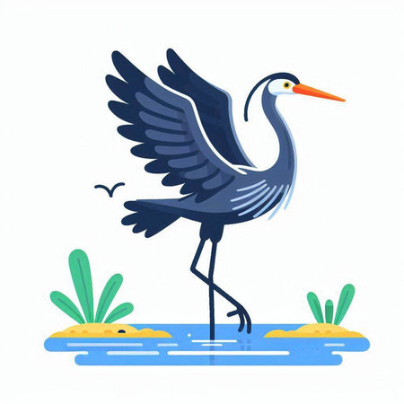 Vector illustration of a stork on a background of the river.のイラスト素材