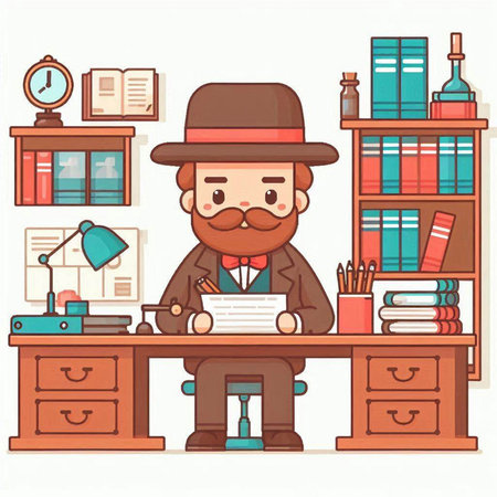 Cartoon detective sitting at the desk in office. Vector illustration.のイラスト素材