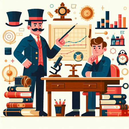 Magician in his office. Vector illustration in flat cartoon style.のイラスト素材