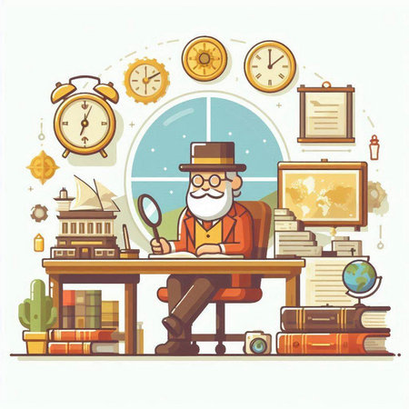 Old man sitting at his desk in his office. Vector illustration.のイラスト素材