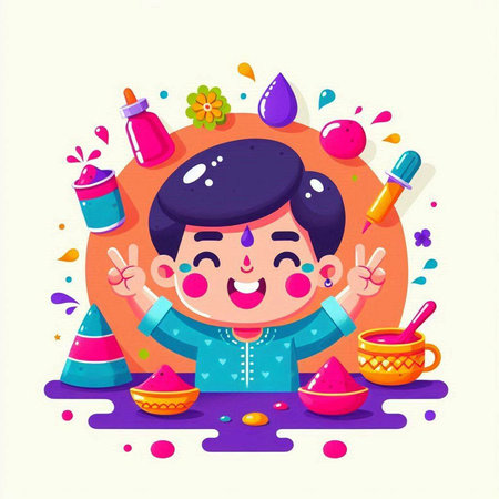 Happy cartoon boy celebrating holi festival. Colorful vector illustration.のイラスト素材