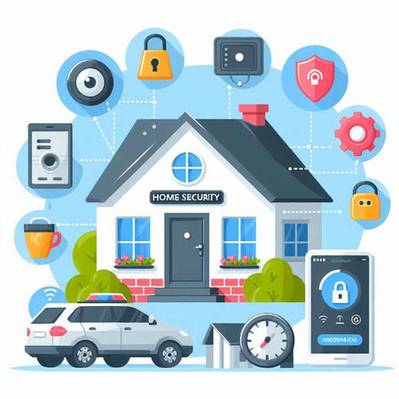 Vector illustration of a flat design of a house with security elements.のイラスト素材