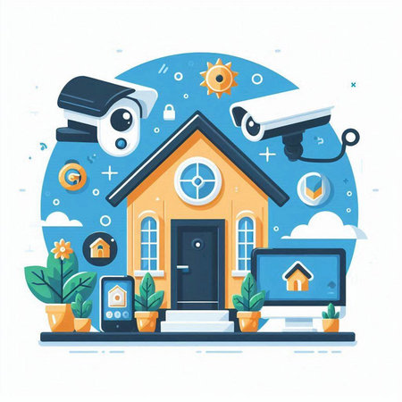 Smart home with security camera and video surveillance system. Vector illustration.のイラスト素材