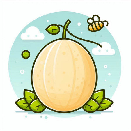 Melon with leaves and honey bee. Vector illustration in cartoon style.のイラスト素材