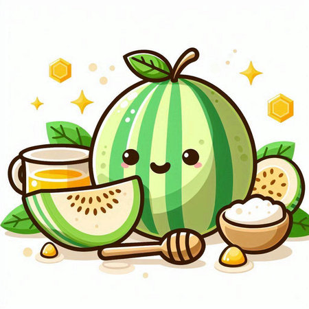 Cute watermelon character with honey and mint. Vector illustration.のイラスト素材