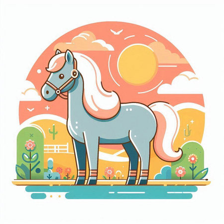 Cute cartoon horse on a background of nature. Vector illustration.のイラスト素材