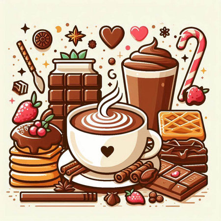 Cup of coffee with sweets and candies. Vector illustration.のイラスト素材