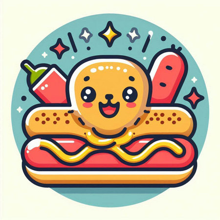 Vector illustration of a hot dog with sausage, kawaii styleのイラスト素材