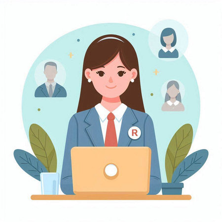 Business woman with laptop and people icons. Vector illustration in flat styleのイラスト素材