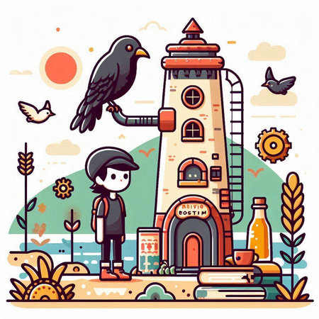 Cute vector illustration of a boy standing next to a lighthouse with a bird.のイラスト素材