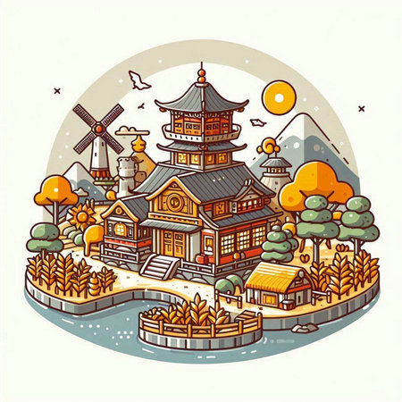 Vector illustration of Chinese traditional house in the middle of the village.のイラスト素材