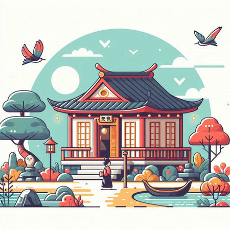 Korean traditional house in the park. Vector illustration in flat style.のイラスト素材