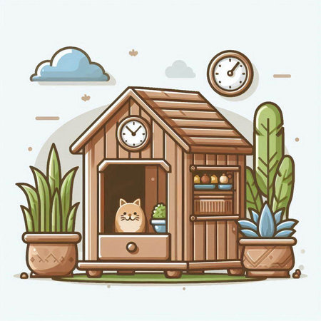 Vector illustration of a cat in a wooden house in the garden.のイラスト素材