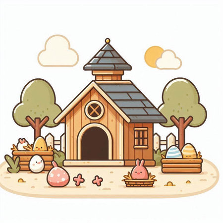 Illustration of a Cute Farm Scene with Eggs, Chicken, Birdhouse and Treeのイラスト素材