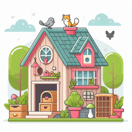 Cute house with cat and bird. Vector illustration in cartoon styleのイラスト素材