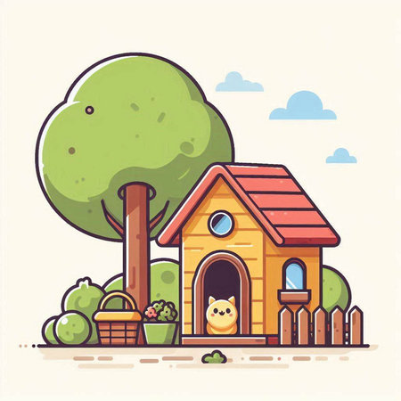 Cute cat and dog house. Vector illustration in cartoon style.のイラスト素材