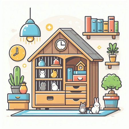 Cute vector illustration of home interior with furniture. Flat design.のイラスト素材