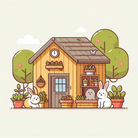 Vector illustration of a cute little house with rabbits in the garden.のイラスト素材