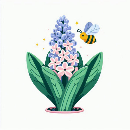 Flowering hyacinth with bee. Vector illustration in cartoon style.のイラスト素材