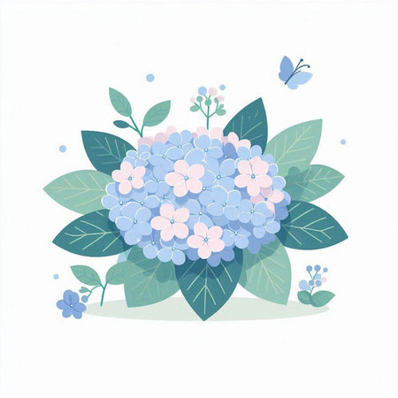 Hydrangea flowers vector illustration. Floral background with blue and pink flowers.のイラスト素材