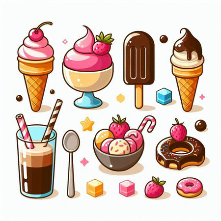 Set of ice cream icons in cartoon style. Ice cream, chocolate, strawberry, strawberry, donut, cup of coffee. Vector illustration.のイラスト素材