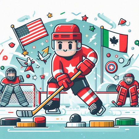 Cartoon hockey player with stick, puck and flag. Vector illustrationのイラスト素材