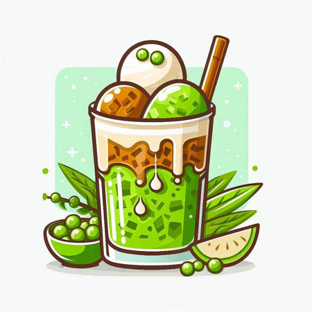Green tea smoothie with ice cream and mint. Vector illustration.のイラスト素材