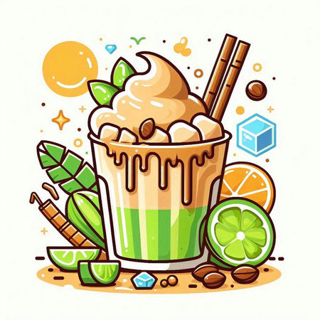 Coffee cup with ice cream and fruits. Vector illustration.のイラスト素材