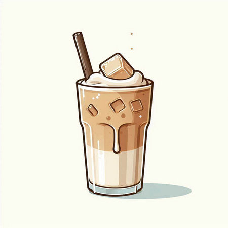Illustration of Iced coffee with whipped cream, caramel and ice cubesのイラスト素材