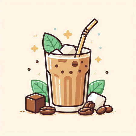 Iced coffee drink in glass with straw and ice cubes. Vector illustration.のイラスト素材