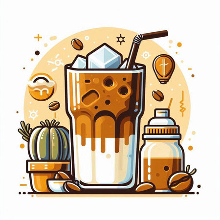 Iced coffee in a glass with milk and ice cubes. Vector illustration.のイラスト素材