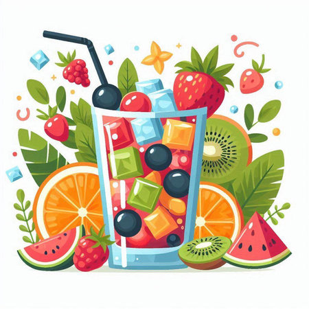 Fruit cocktail with ice cubes, fruits and berries. Vector illustration.のイラスト素材