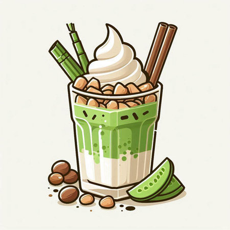 Matcha green tea with whipped cream in a glass. Vector illustration.のイラスト素材