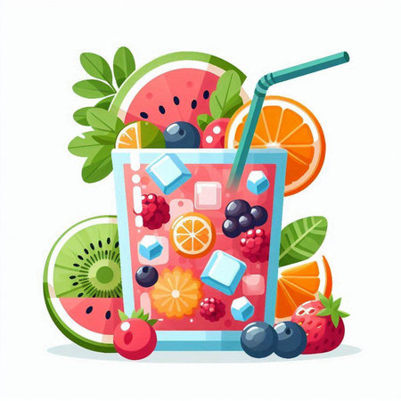 Refreshing summer drink with berries and fruits. Vector illustration in flat styleのイラスト素材