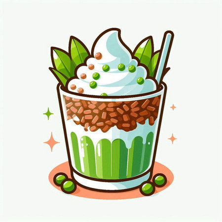 Coffee cup with whipped cream and green leaves. Vector illustration.のイラスト素材