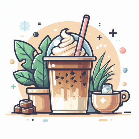 Iced coffee with whipped cream. Vector illustration in cartoon style.のイラスト素材