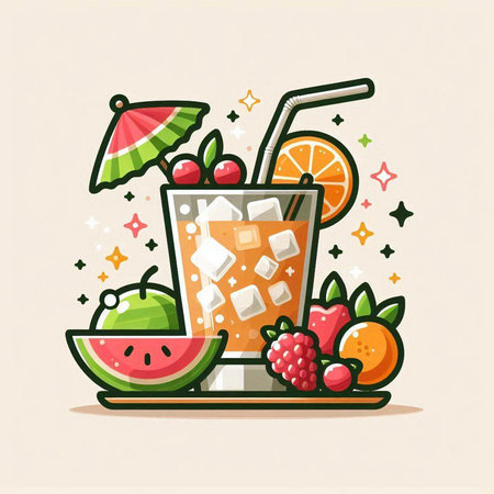 Cocktail with ice and fruits. Vector illustration in flat style.のイラスト素材